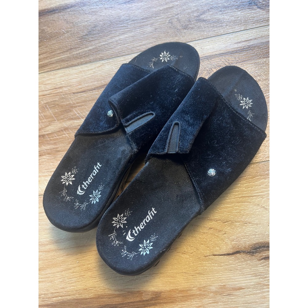 Therafit 8.5-9 Slide Sandals Comfort Orthopedic Black Velvet Adjustable Straps
